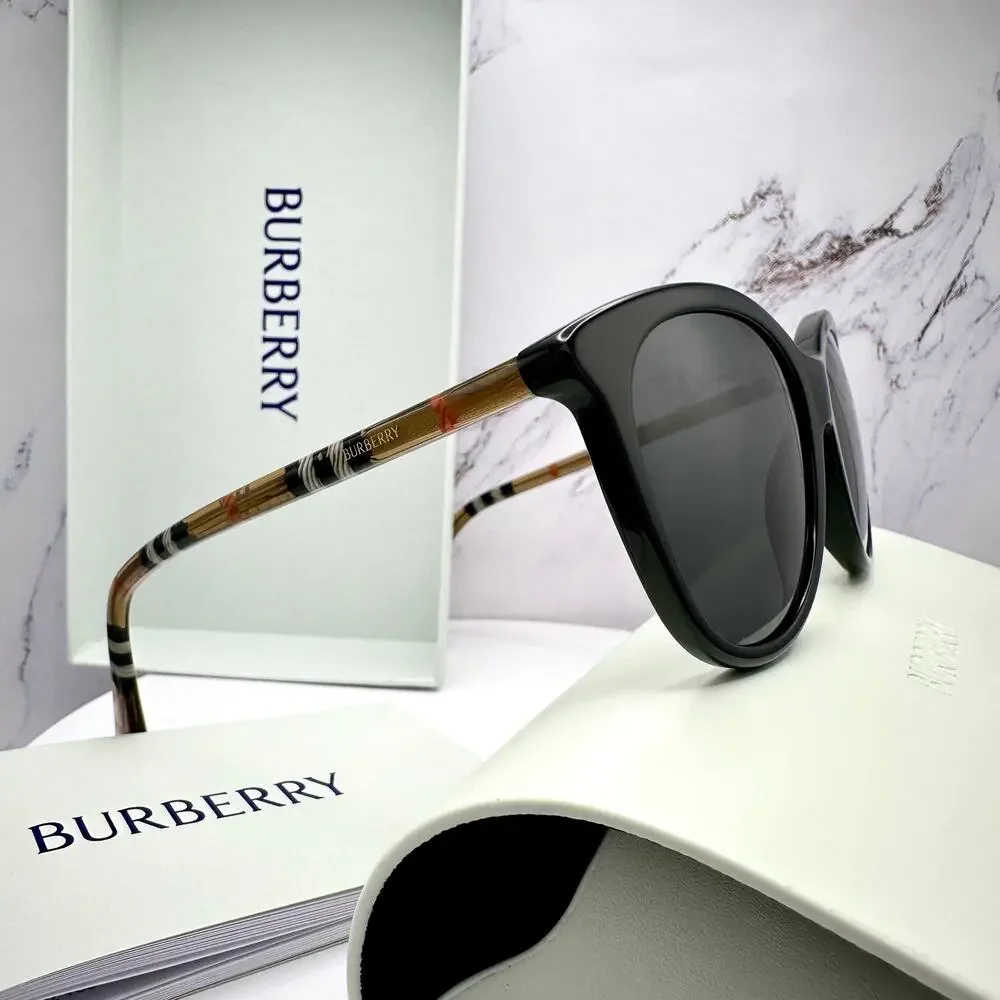 New Burberry Sunglasses Black Front Round Pantos Frame Checkered Arms Gray Lens - Picture 15 of 16